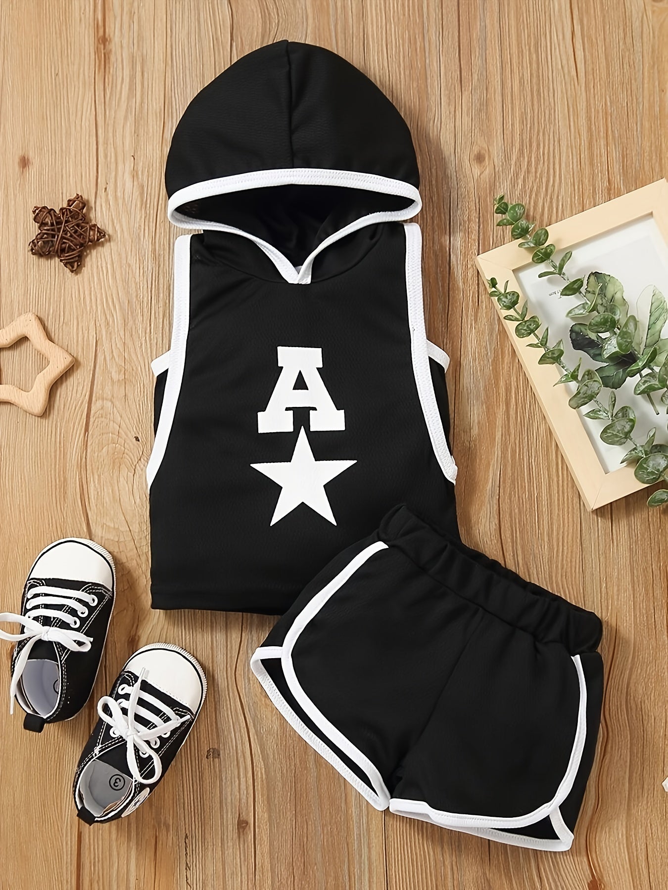 Baby Boys Star Print Hooded Top & Shorts Set, Summer Casual Outfit
