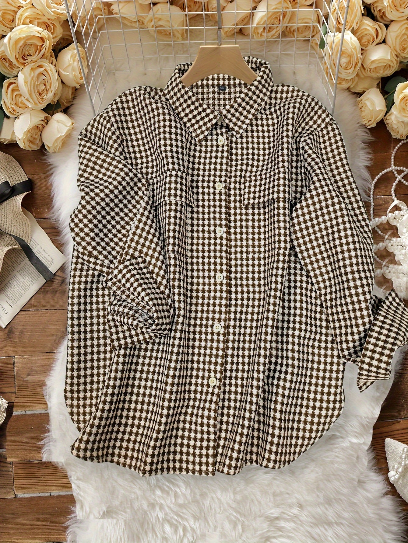 Houndstooth Print Shacket & Pants 2 Piece Set