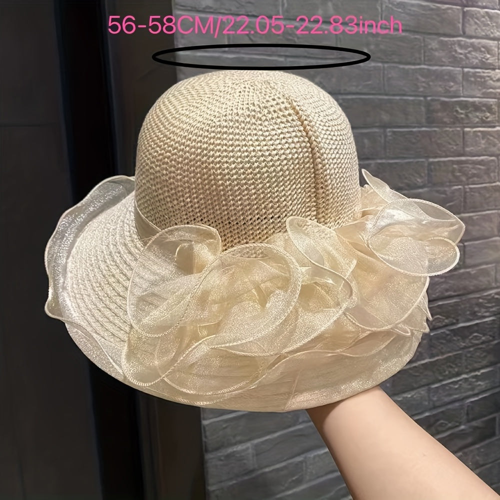Mesh Flower Decor Sun Hat Organza Ruffles Derby Hat