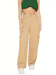 High Waist Cargo Pants Loose Fit High Rise Flap Pockets Straight Leg