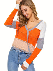 V Neck Eyelet Sweater Long Sleeve Block Casual Sweater