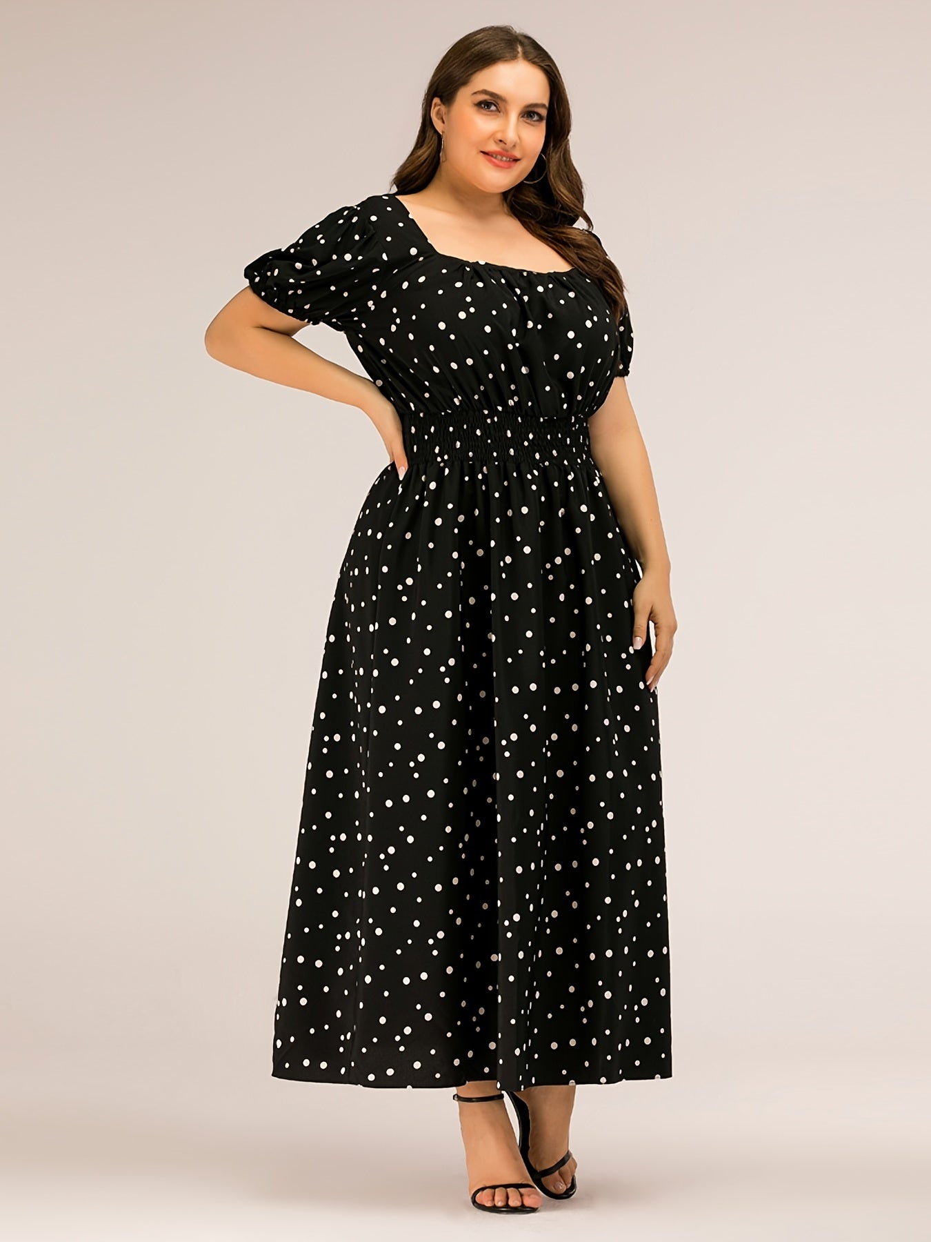 Polka Dot Square Neck Puff Sleeve Maxi Dress - Plus Size