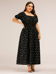Polka Dot Square Neck Puff Sleeve Maxi Dress - Plus Size