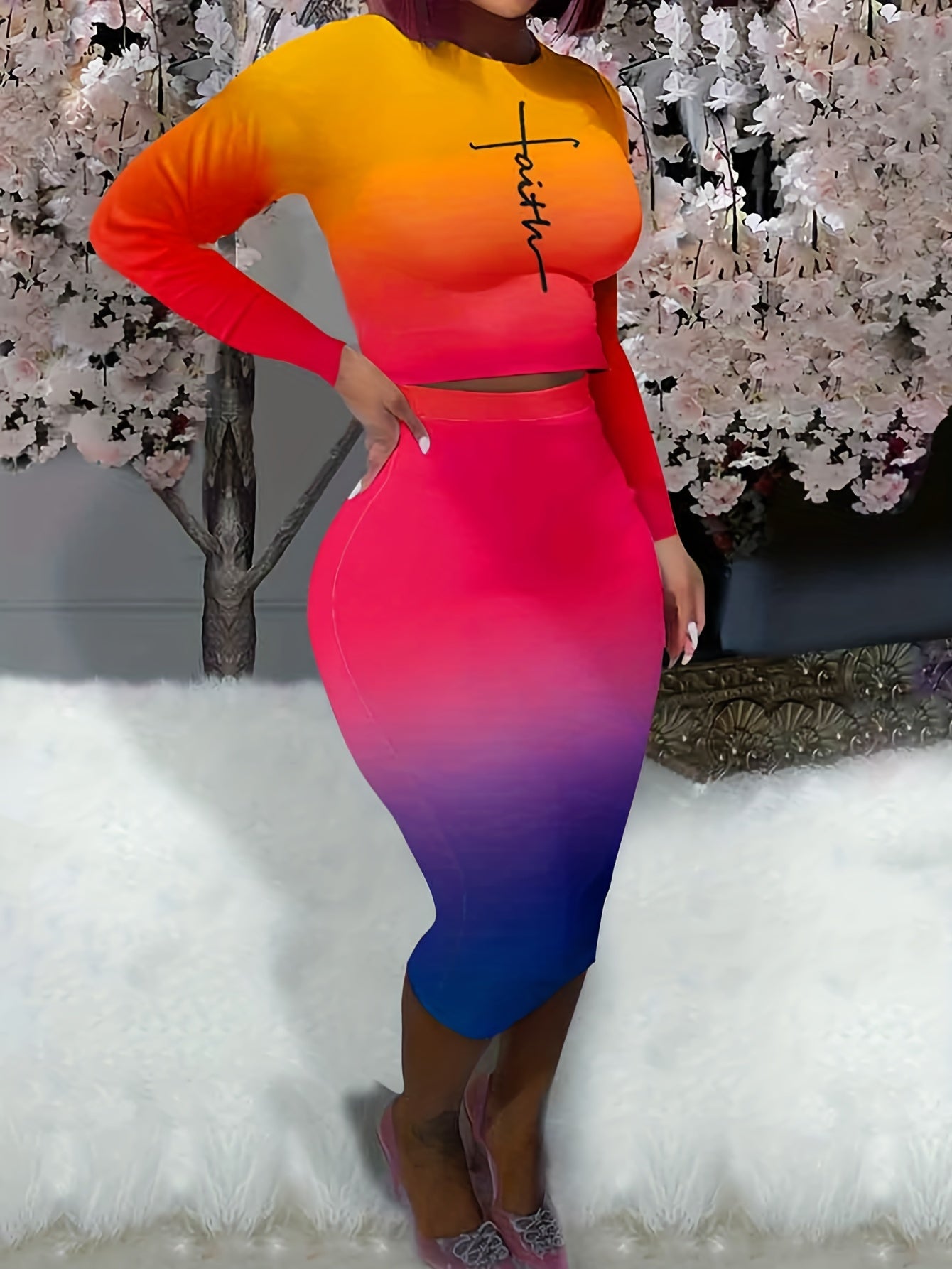 Ombre & Cross Print Crop Top & Bodycon Skirt Set