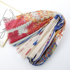 Boho Rainforest Print Scarf Block Frayed Edge Shawl