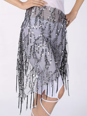 Sequin Tassel Skirts Sexy Knot Side Dance Hip Scarf Party Skirts