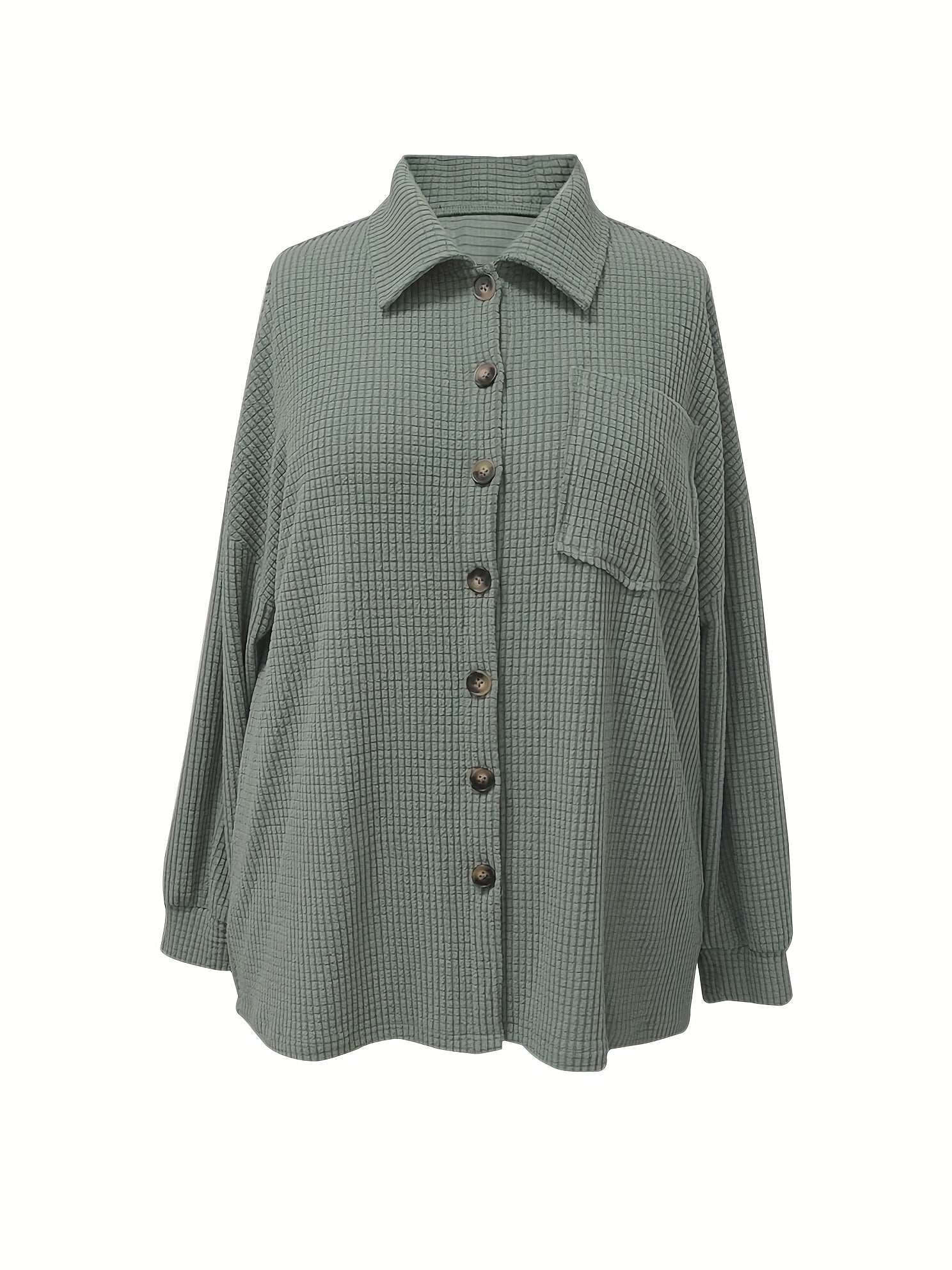 Solid Waffle Pattern Button Up Long Sleeve Shacket
