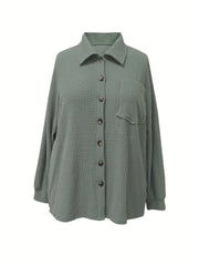 Solid Waffle Pattern Button Up Long Sleeve Shacket