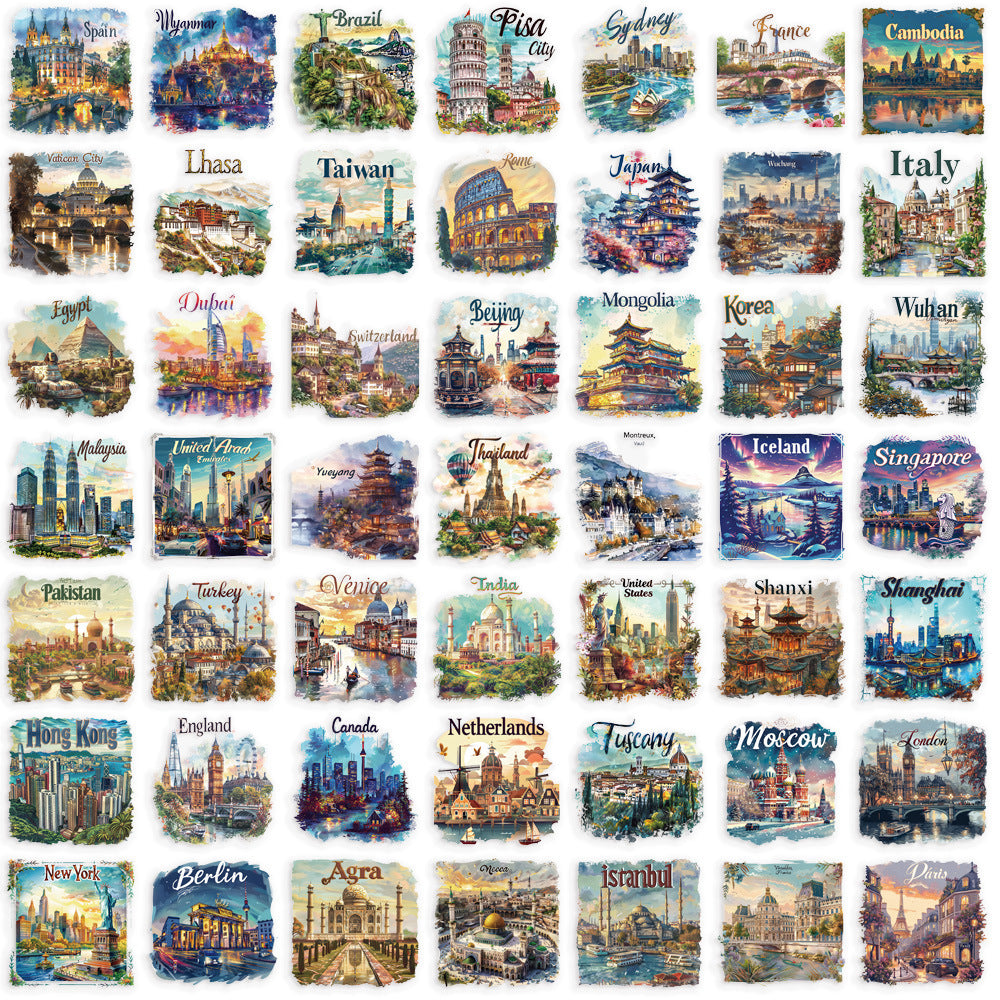 50pcs Cartoon City Building Stickers Waterproof PET Self Adhesive Decals