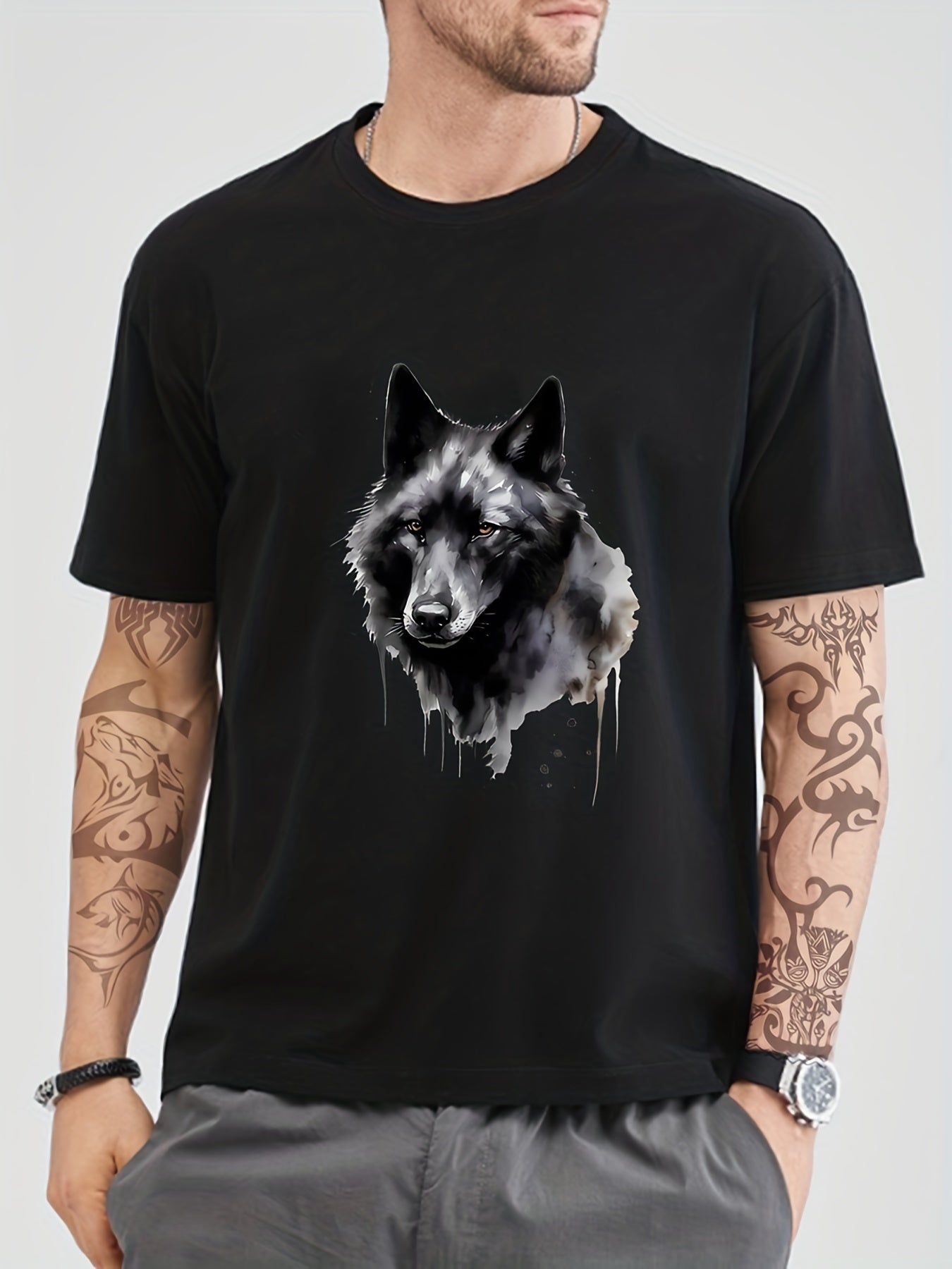 Cotton Wolf Painting Print Men's Graphic Crew Neck T-shirt