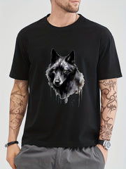 Cotton Wolf Painting Print Men's Graphic Crew Neck T-shirt