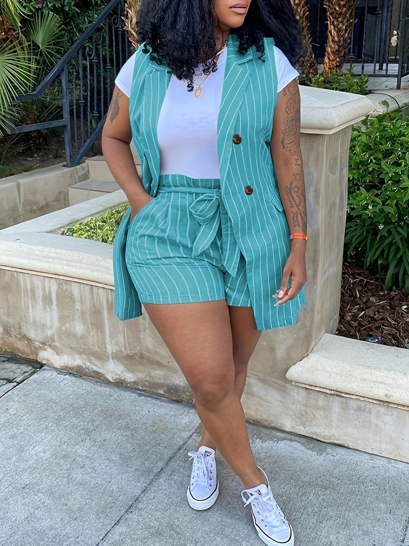 Stripe Print Blazer & Shorts Set with Belt