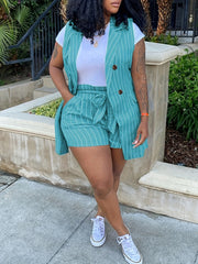 Stripe Print Blazer & Shorts Set with Belt