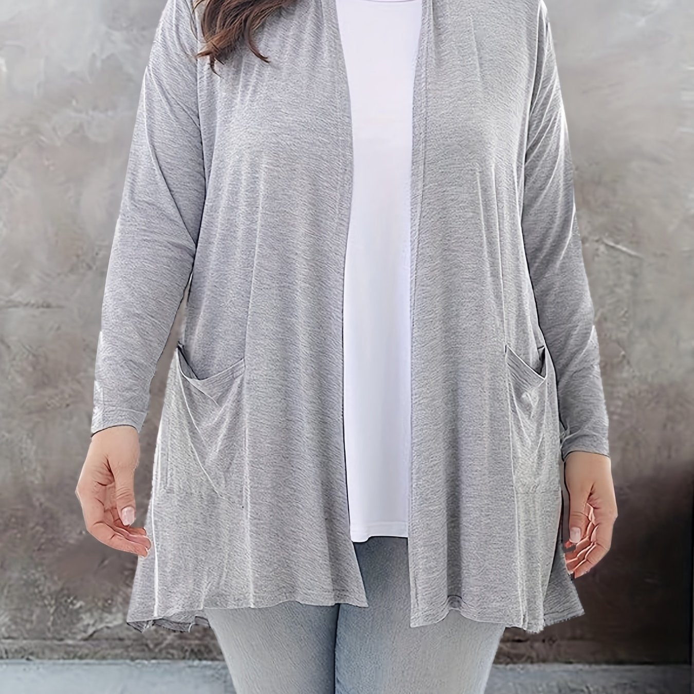 Solid Long Sleeve Open Front Cardigan With Pockets