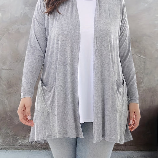 Solid Long Sleeve Open Front Cardigan With Pockets