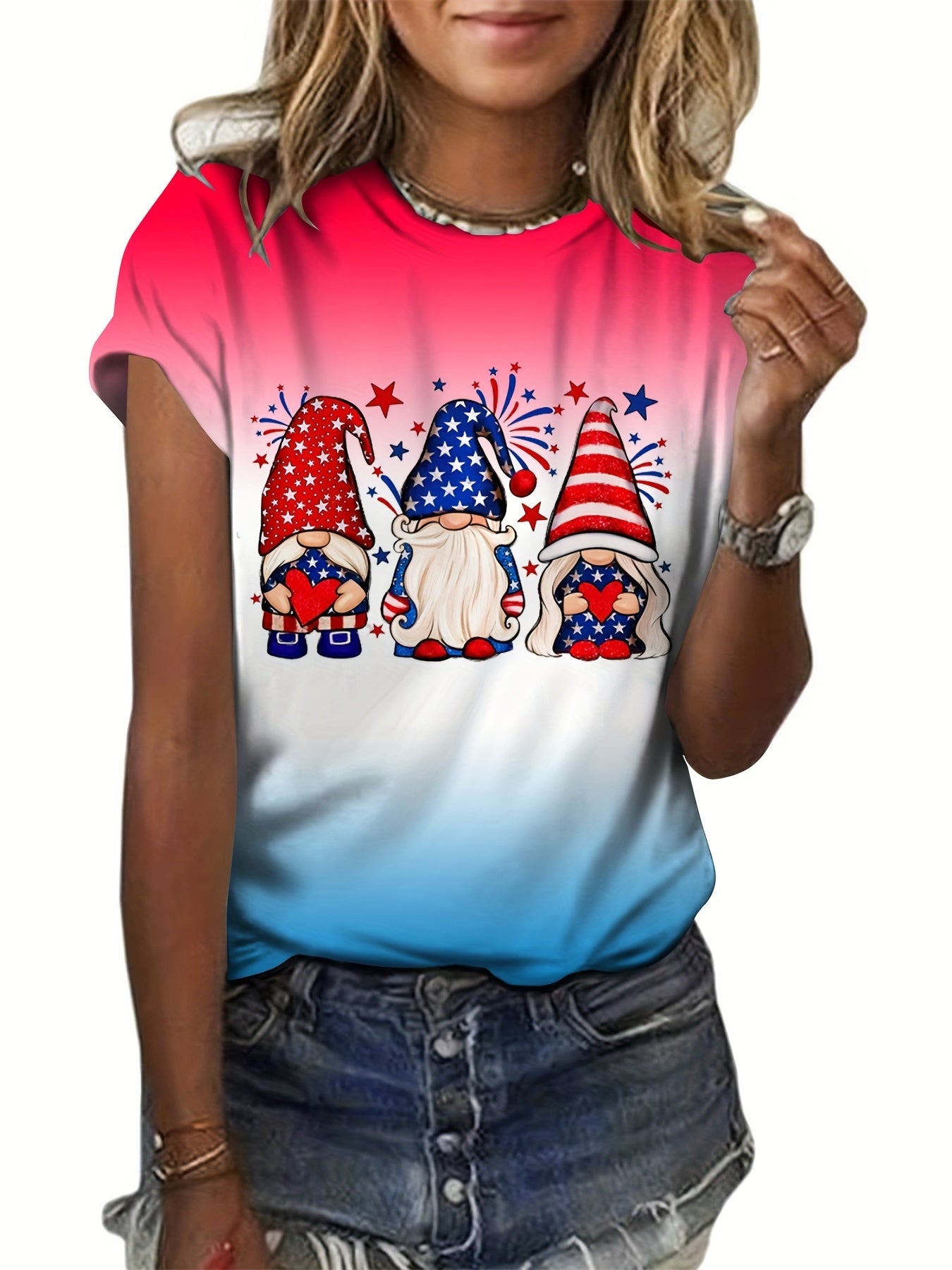 Summer Tie Dye Star Lips Print Short Sleeve T-shirt Women's Tops