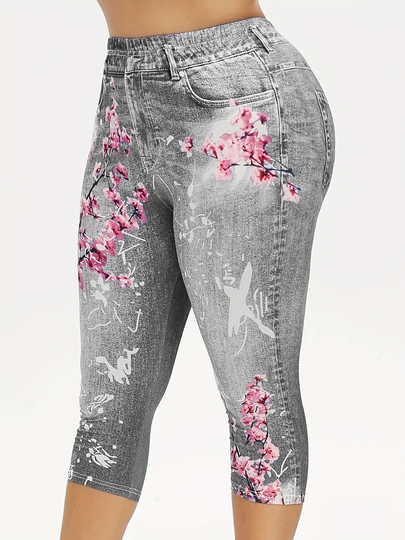 Floral & Denim Print Capris Leggings Casual Crop Leggings