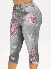 Floral & Denim Print Capris Leggings Casual Crop Leggings