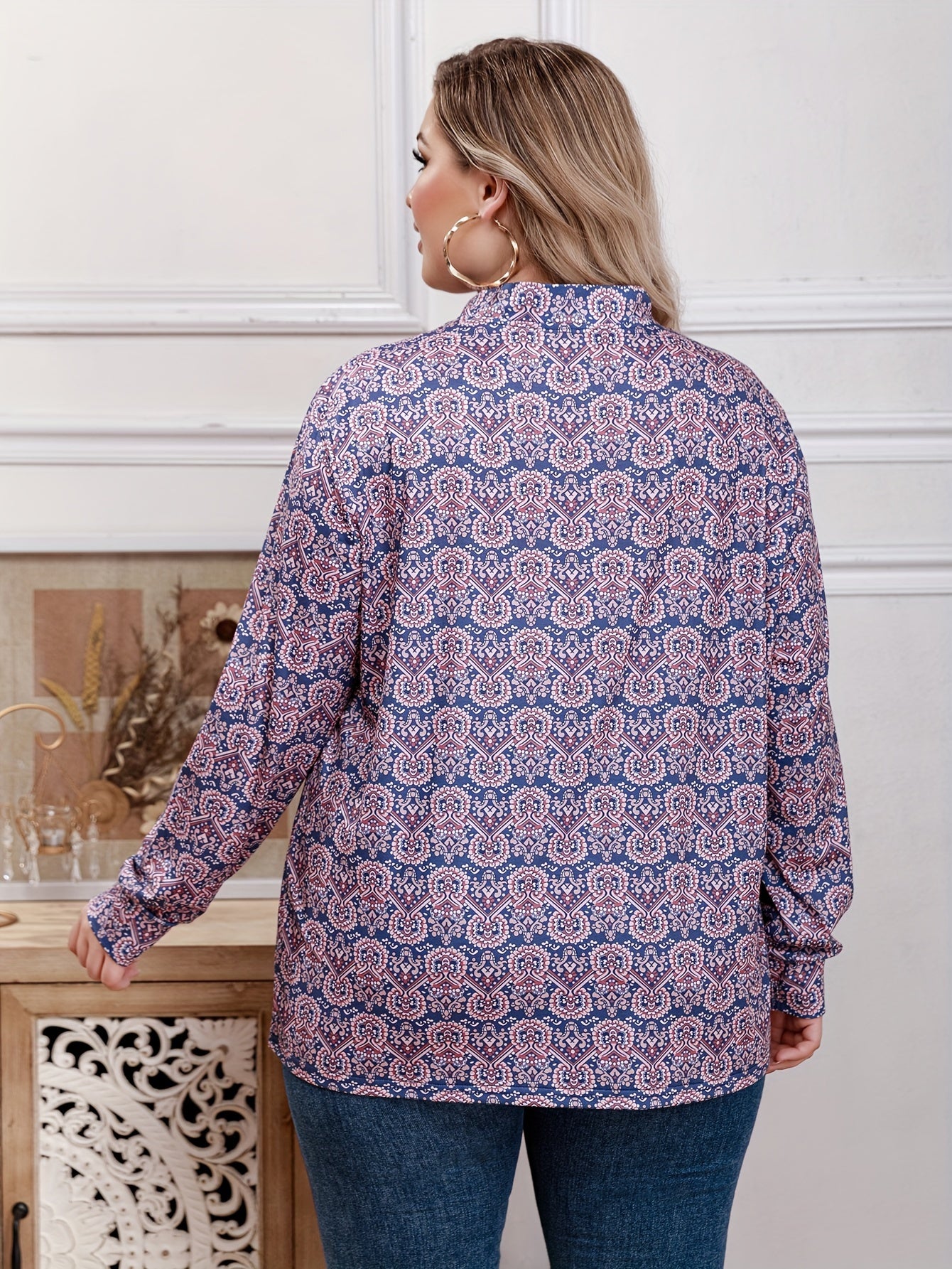 Boho Blouse Women's Plus Allover Print Mock Neck Pullover Shirt Top
