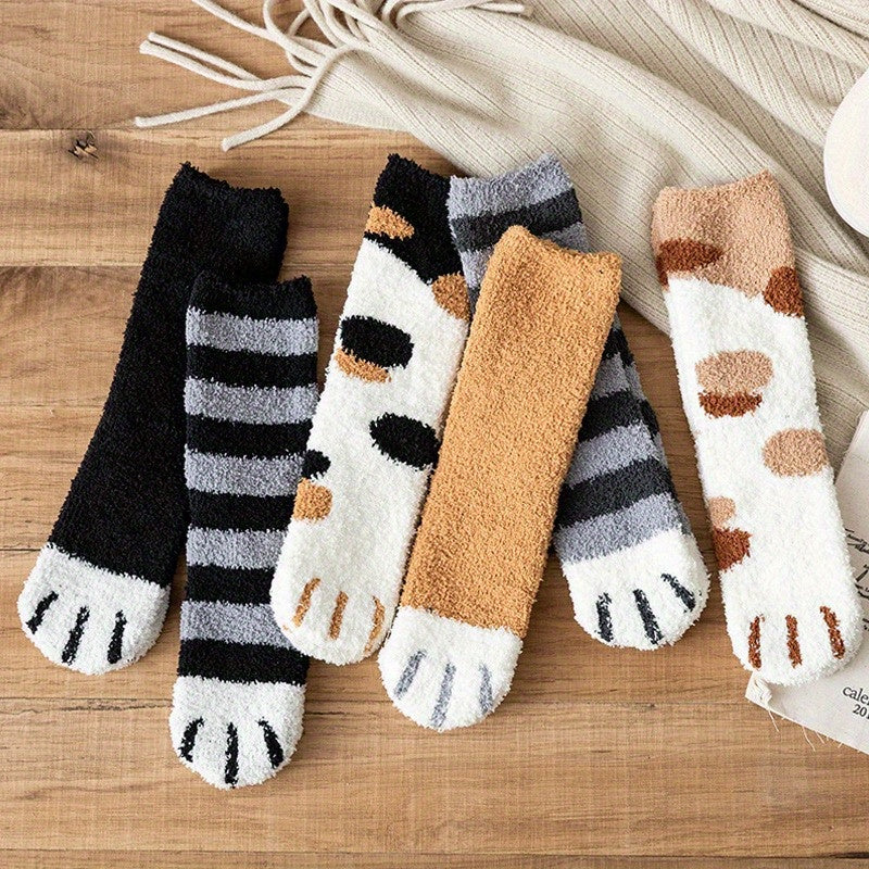 6 Pairs Cat Paw Socks Fuzzy & Warm Women's Stockings