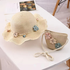 Girls Flowers Lace Trim Sun Straw Hat & Bag Set for Summer