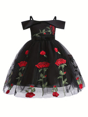 Girls Off Shoulder Princess Dress Flowers Embroidery Bow Mesh Dress