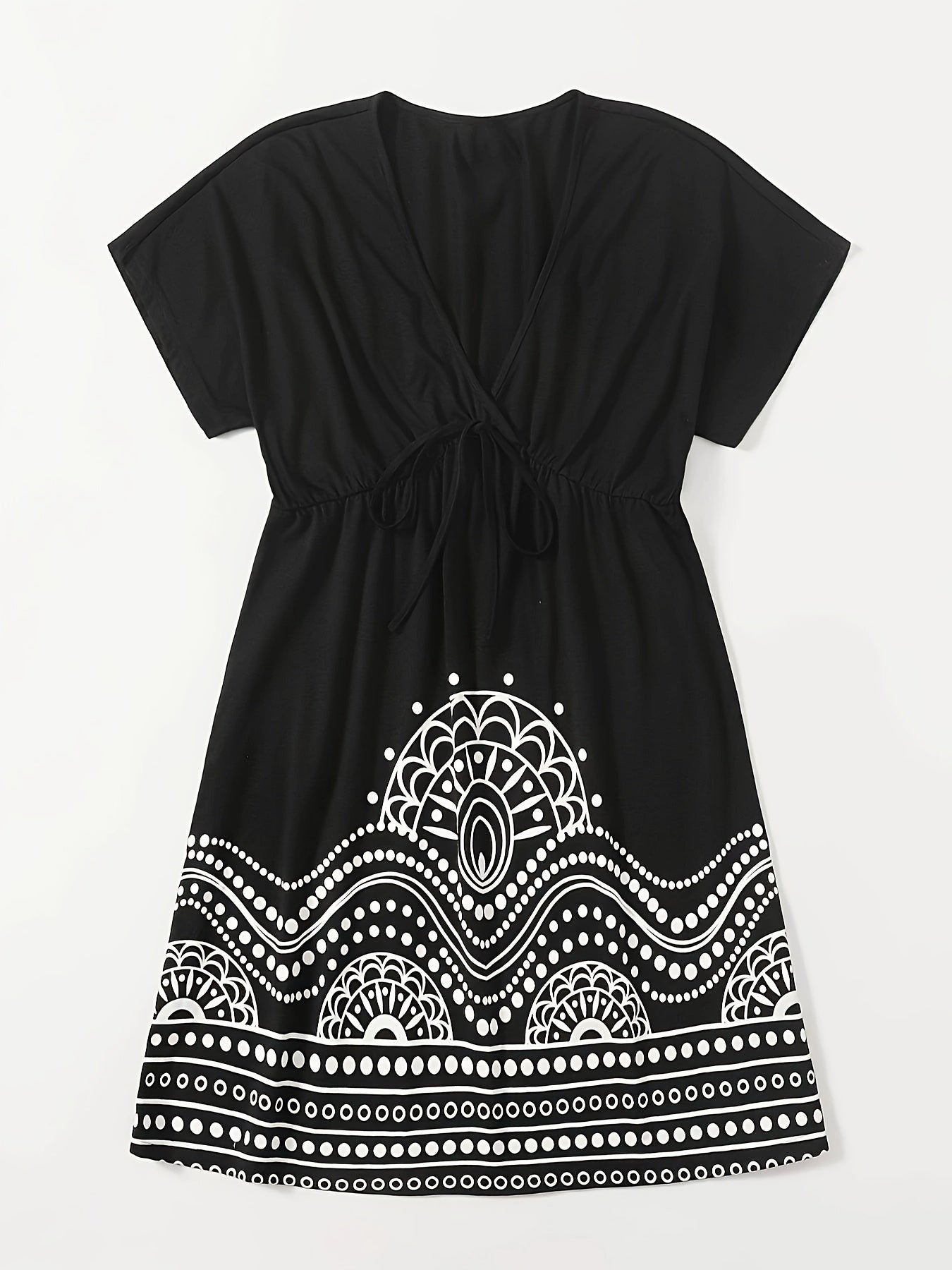Women's Graphic Print Short Sleeve V Neck Knot Dress