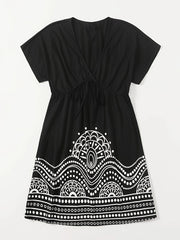 Women's Graphic Print Short Sleeve V Neck Knot Dress