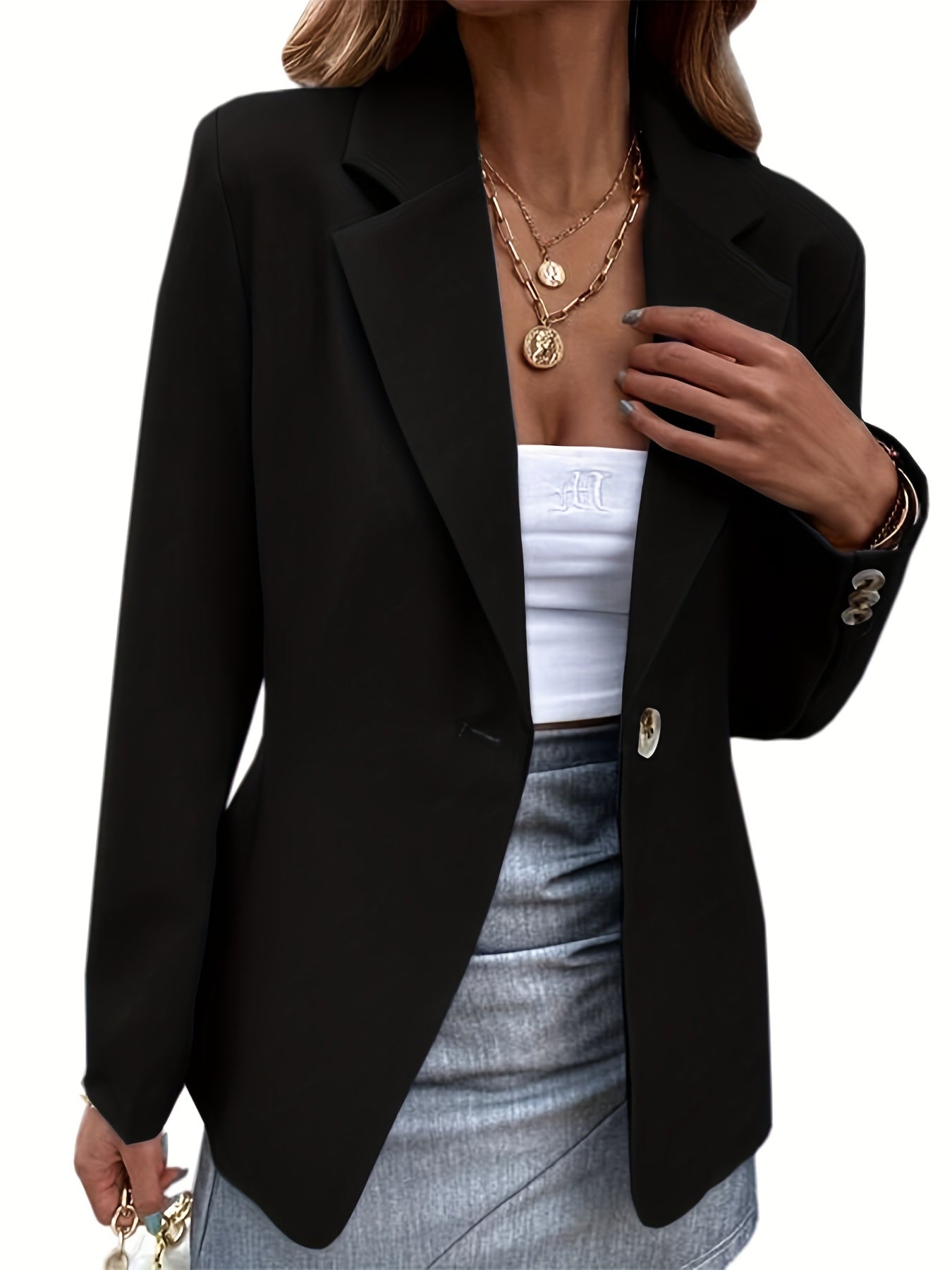 Solid Lapel Blazer Open Front Long Sleeve Work Office Outerwear
