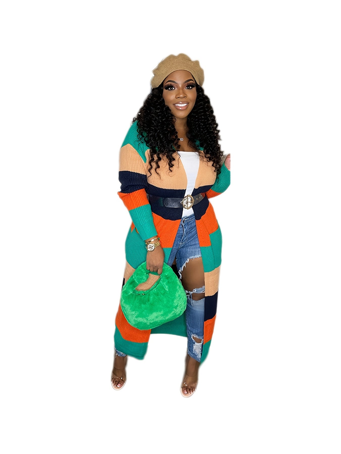Colorblock Longline Sweater Cardigan High Stretch