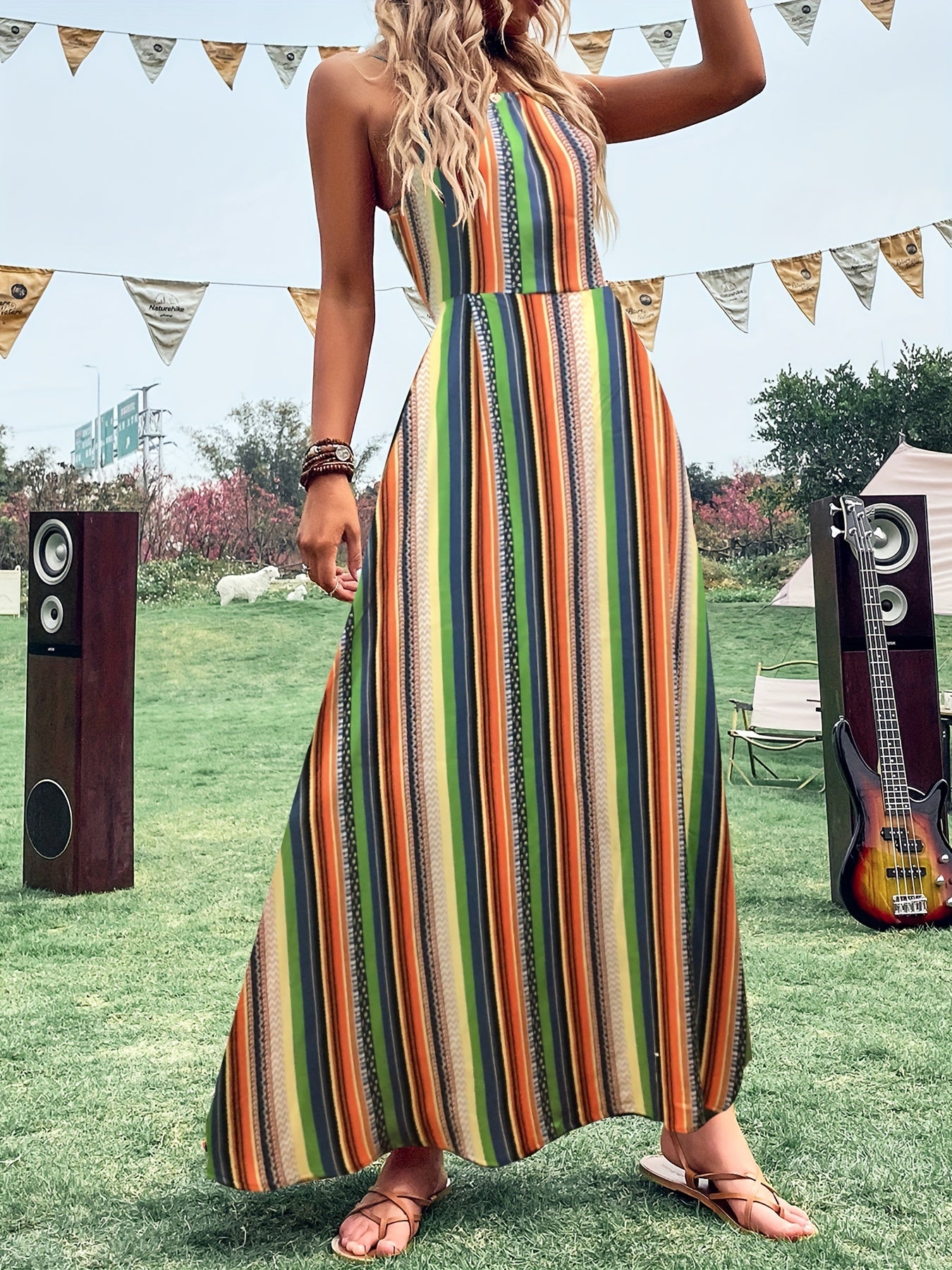 Striped Cut Out Cami Dress Ethnic Sleeveless Aline Maxi Length Dress