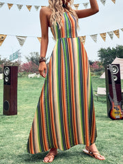Striped Cut Out Cami Dress Ethnic Sleeveless Aline Maxi Length Dress