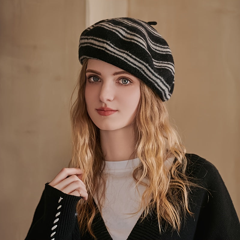 Striped Beret Women's Knitted Thermal Beret Vintage Hats For Weddings