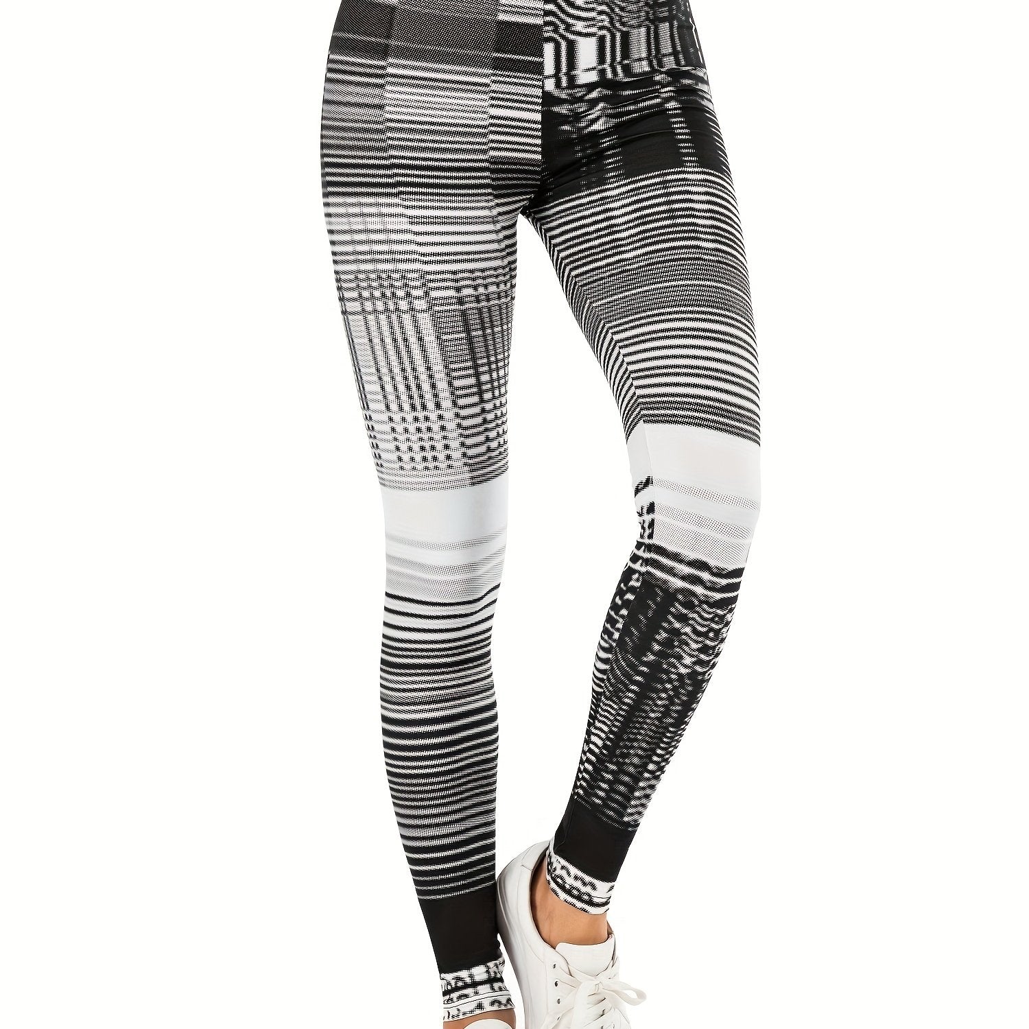 Block Striped Print Leggings Sexy High Waist Slim Long Length Leggings