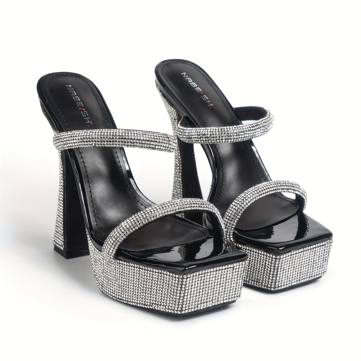 Rhinestone Platform Sandals Double Strap Chunky Heel Slip-On Glitter Dress Shoes