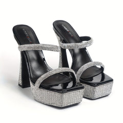 Rhinestone Platform Sandals Double Strap Chunky Heel Slip-On Glitter Dress Shoes