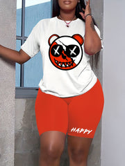 Women's Plus Bear Print T Shirt & Shorts Two Piece Set