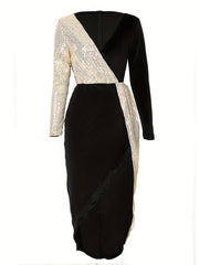 Contrast Sequin Dress Sexy Surplice Neck Split Party Dress