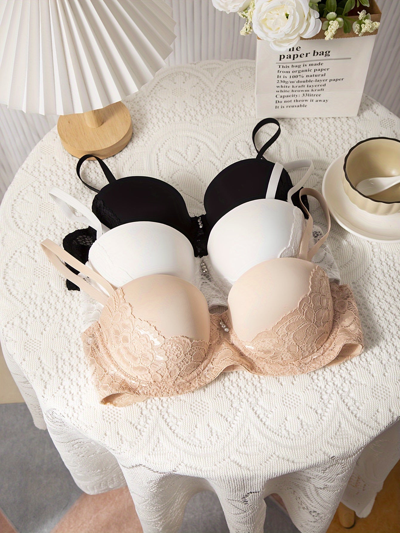 3pcs Lace Push Up Bras Comfy & Breathable Women's Lingerie