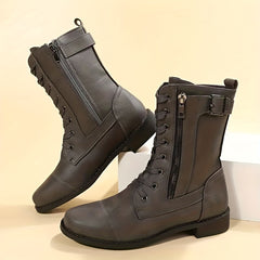 Women's Side Zip Hiking Boots Chunky Block Combat Outdoor Mid Calf Boots