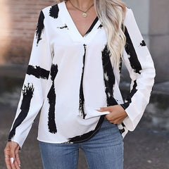 Casual Blouse Women's Plus Brush Print Roll Up Long Sleeve