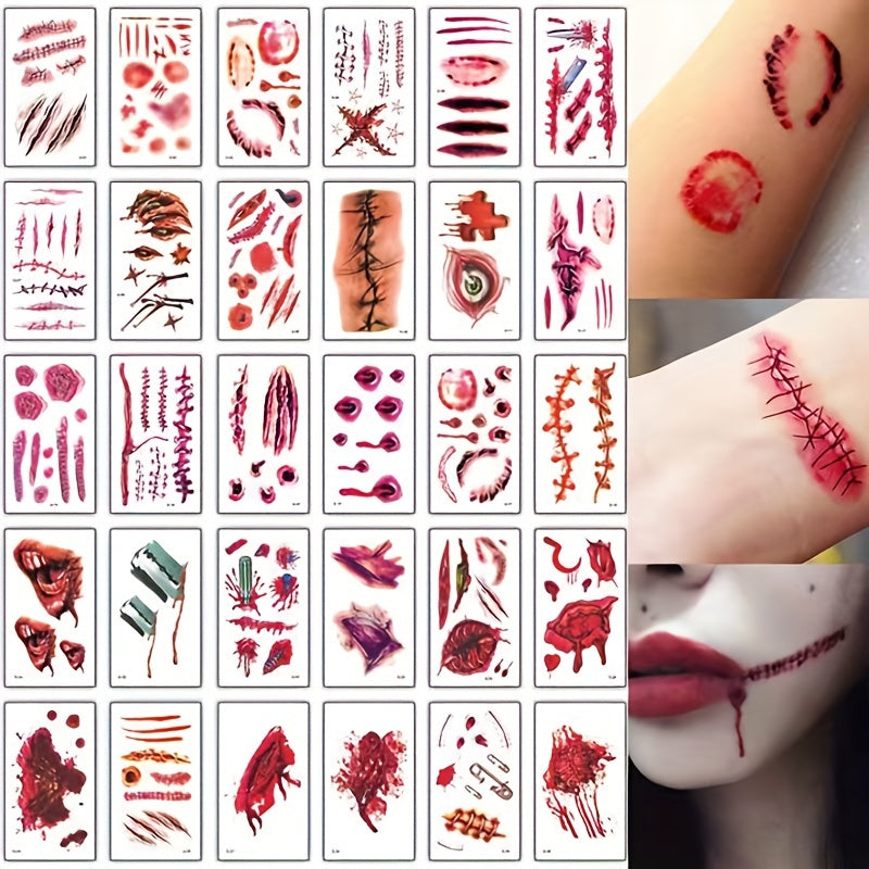 30 Sheets Realistic Wound Injury Tattoo Stickers for Halloween Costume