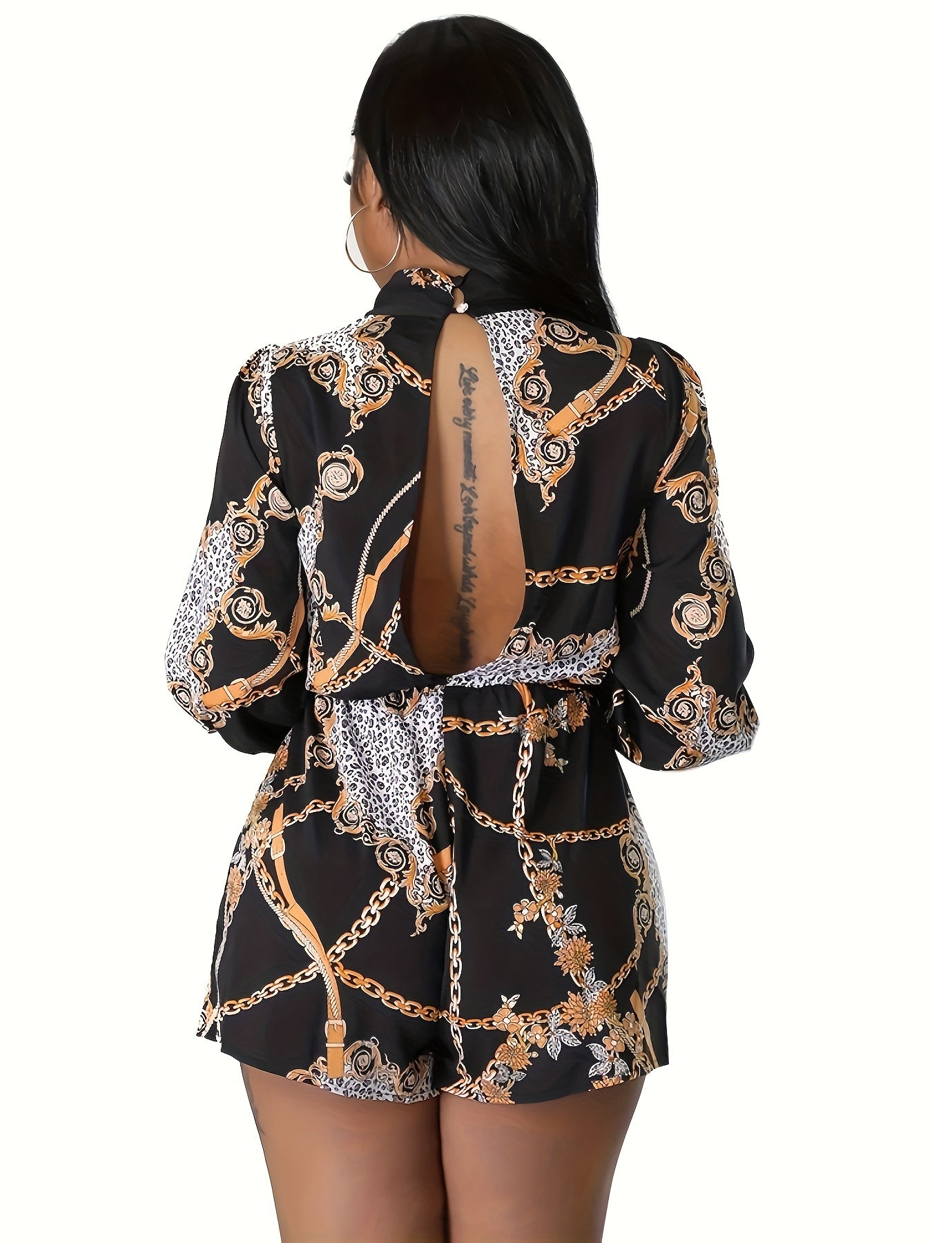 Women's Plus Colorblock Chain & Leopard Print Long Sleeve Romper