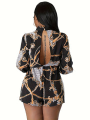 Women's Plus Colorblock Chain & Leopard Print Long Sleeve Romper