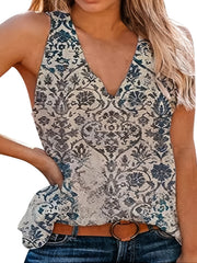 Casual Tank Top Women's Plus Random Print V Neck Slight Stretch