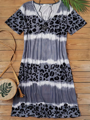 Tie Dye Colorblock Leopard V Neck Dress