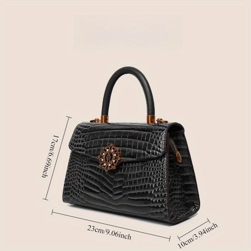 Faux Alligator Grain Handbag with Golden Tone Metal Emblems