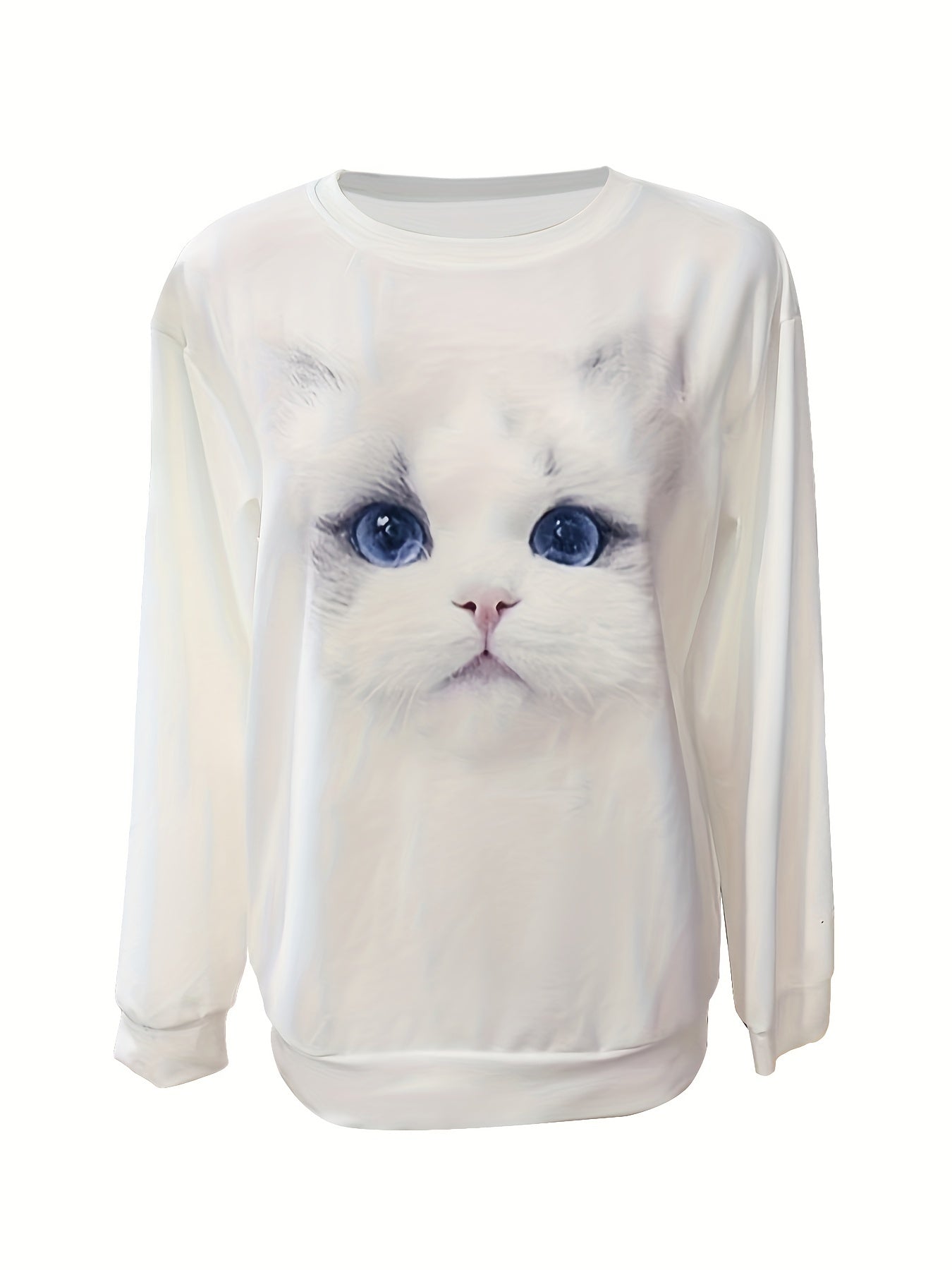 Cat Print Pullover Sweatshirt Long Sleeve Crew Neck Sweatshirt