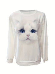 Cat Print Pullover Sweatshirt Long Sleeve Crew Neck Sweatshirt