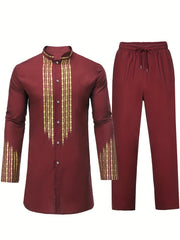Solid Cotton Men's African 2 Pcs Set Dashiki & Pants Outfit